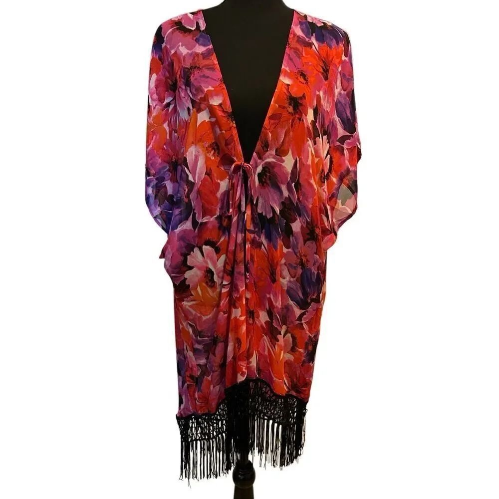 Catalina Poppy Floral Festival Boho Kimono Wrap Fringe Hem Swim Coverup Sz M Ove